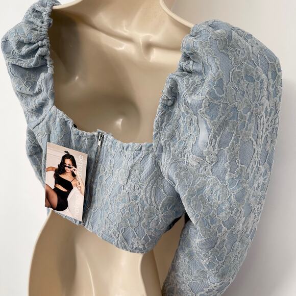 Naked Wardrobe Crop Top NEW Womens Sz S Style NWSP20-T3 Lt Blue Lace Long Sleeve - Picture 5 of 9